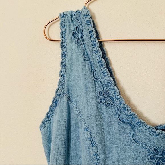 Paradise Found Denim Blue Embroidered Boho Mini Dress 100% Cotton Sleeveless - Picture 6 of 9